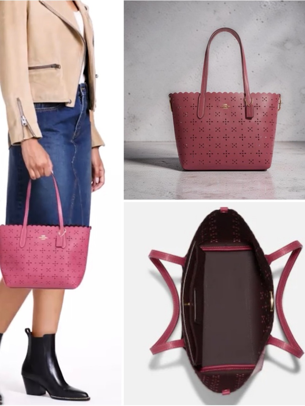 Coach Rose-Red Laser Cut Scalloped Edge Mini City Tote